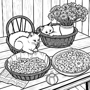 Geborgene schlafende Katzen im Korb Malbild für Blumenfreunde
