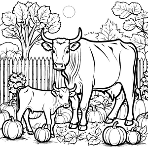 Herbstliches Stierbaby mit Kürbissen Malvorlage für Gartenfreunde