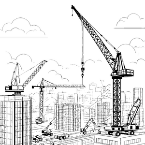Große Baukräne und Fahrzeuge auf der Baustelle – Ausmalbild fuer kleine Entdecker