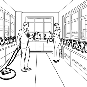 Professioneller Staubsaugervertreter im Ausstellungsraum Bastelvorlage für mutige Technikfreunde