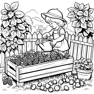 Fröhliche Himbeeren im Holzbeet Bastelmotiv für Gartenfreunde