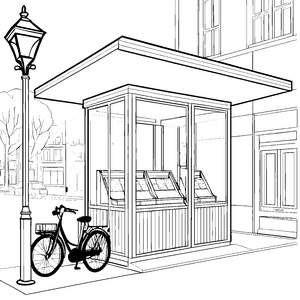 Städtischer Kiosk mit Fahrrad Ausmalvorlage für Radfahrer