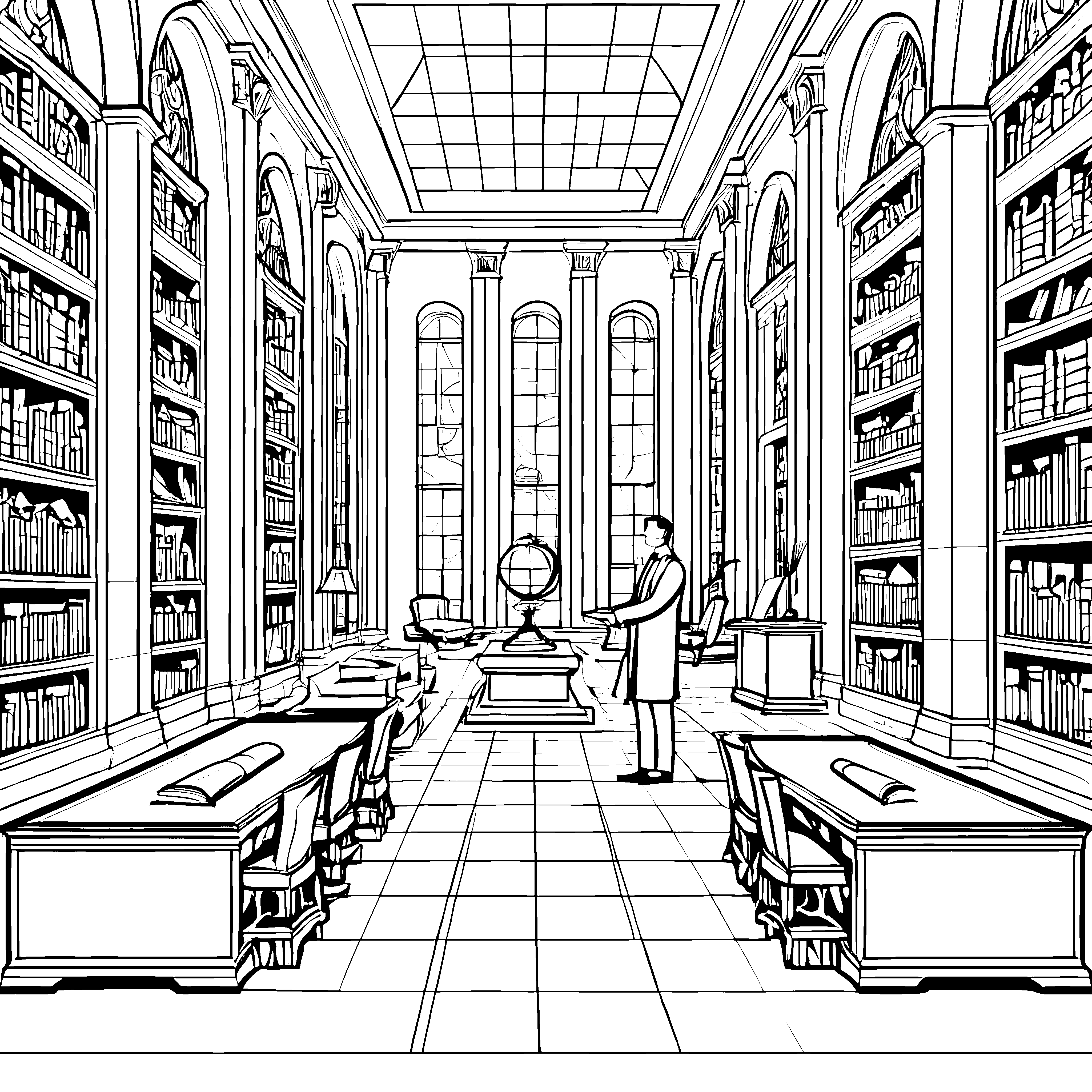 Geheimnisvoller Mathematiker in der Bibliothek Ausmalvorlage für fröhliche Buchwürmer