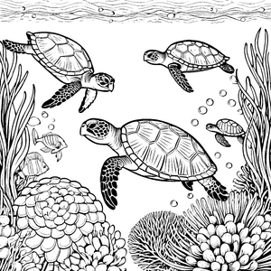 Farbenfrohe Schildkröten im Korallenriff: Ausmalvorlage für kreative Meeresforscher