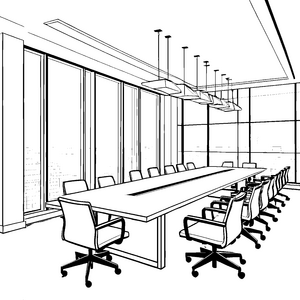 Moderner Konferenztisch mit Bürostühlen Ausmalbild für verträumte Büroplaner