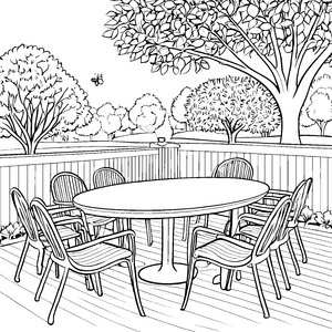 Sonniger ovaler Tisch auf der Terrasse Malbild für fröhliche Gartenfreunde
