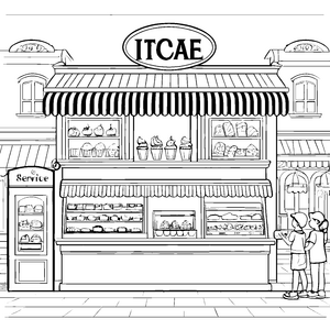 Farbenfrohe Eisdiele mit Schaufenstern Ausmalbild für junge Naschfreunde