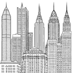Imposante Hochhäuser mit Turmspitzen Ausmalbild für Architekturfreunde