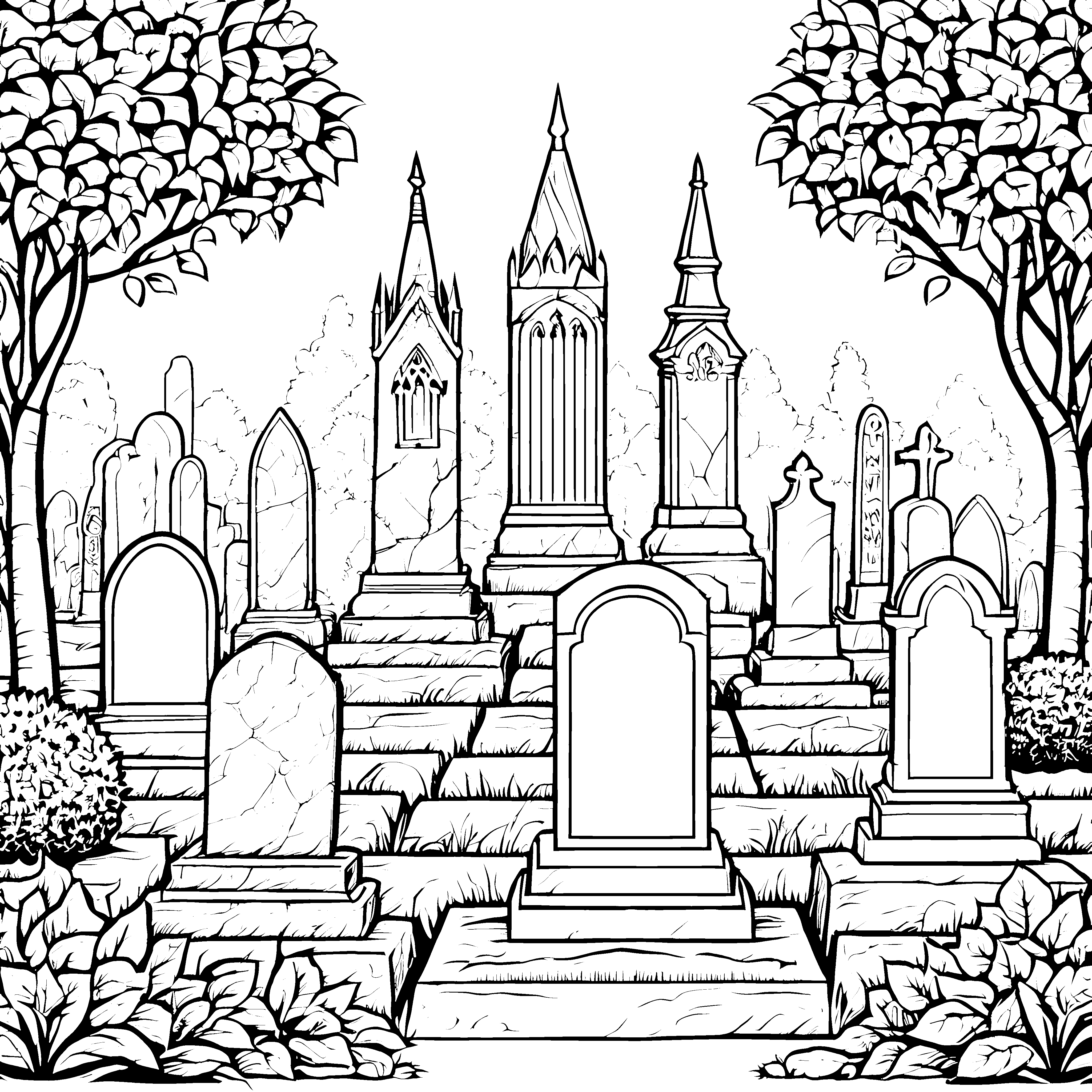 Ehrwürdiger Friedhof mit Grabsteinen Malvorlage für junge Geschichtsliebhaber