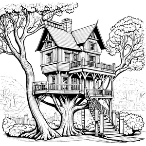 Prachtvolles Baumhaus mit Balkonen Ausmalbild für fröhliche Waldbewohner