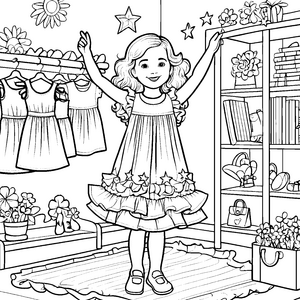 Das Mädchen im Kleid mit Sternen und Rüschen Ausmalbild fuer kleine Entdecker