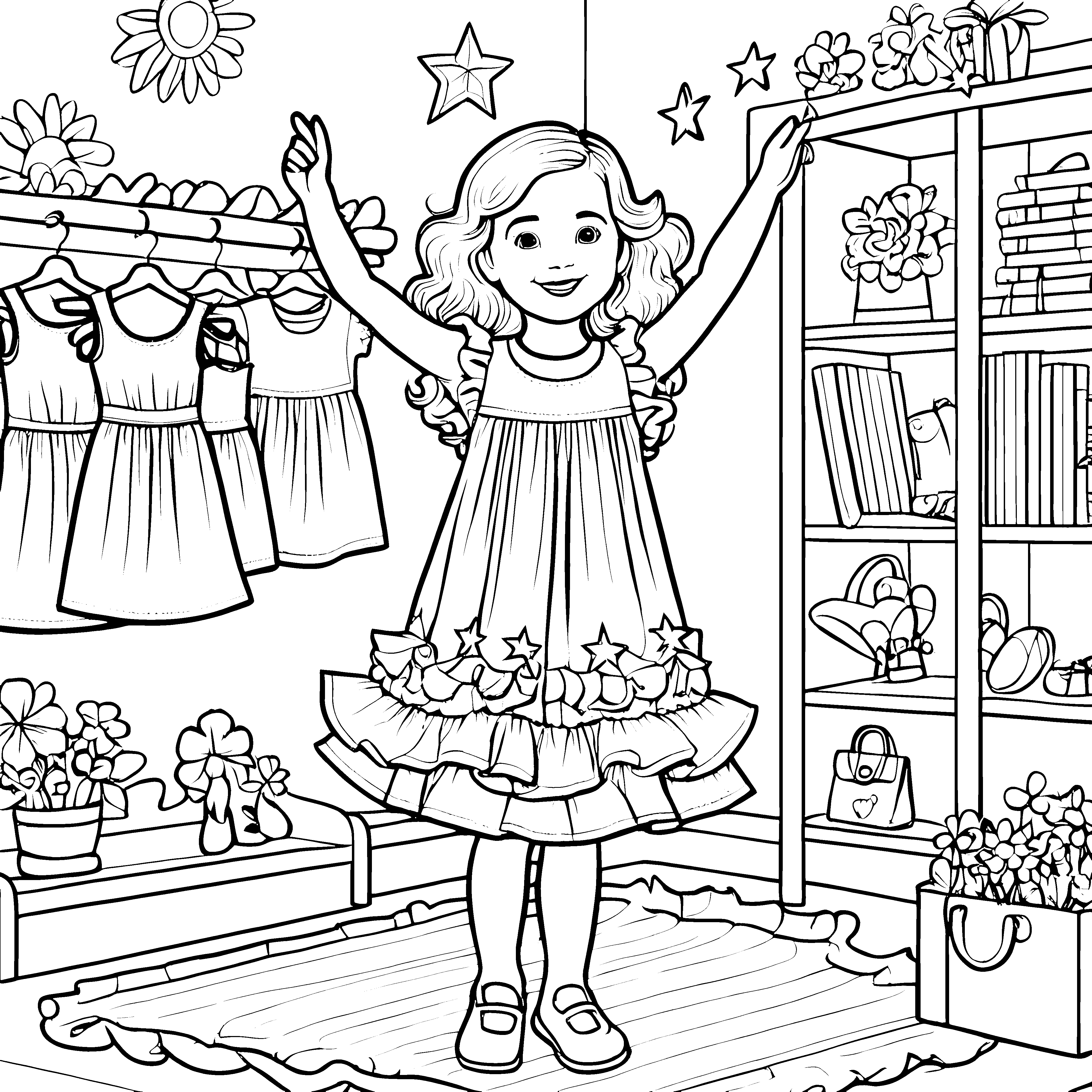 Das Mädchen im Kleid mit Sternen und Rüschen Ausmalbild fuer kleine Entdecker