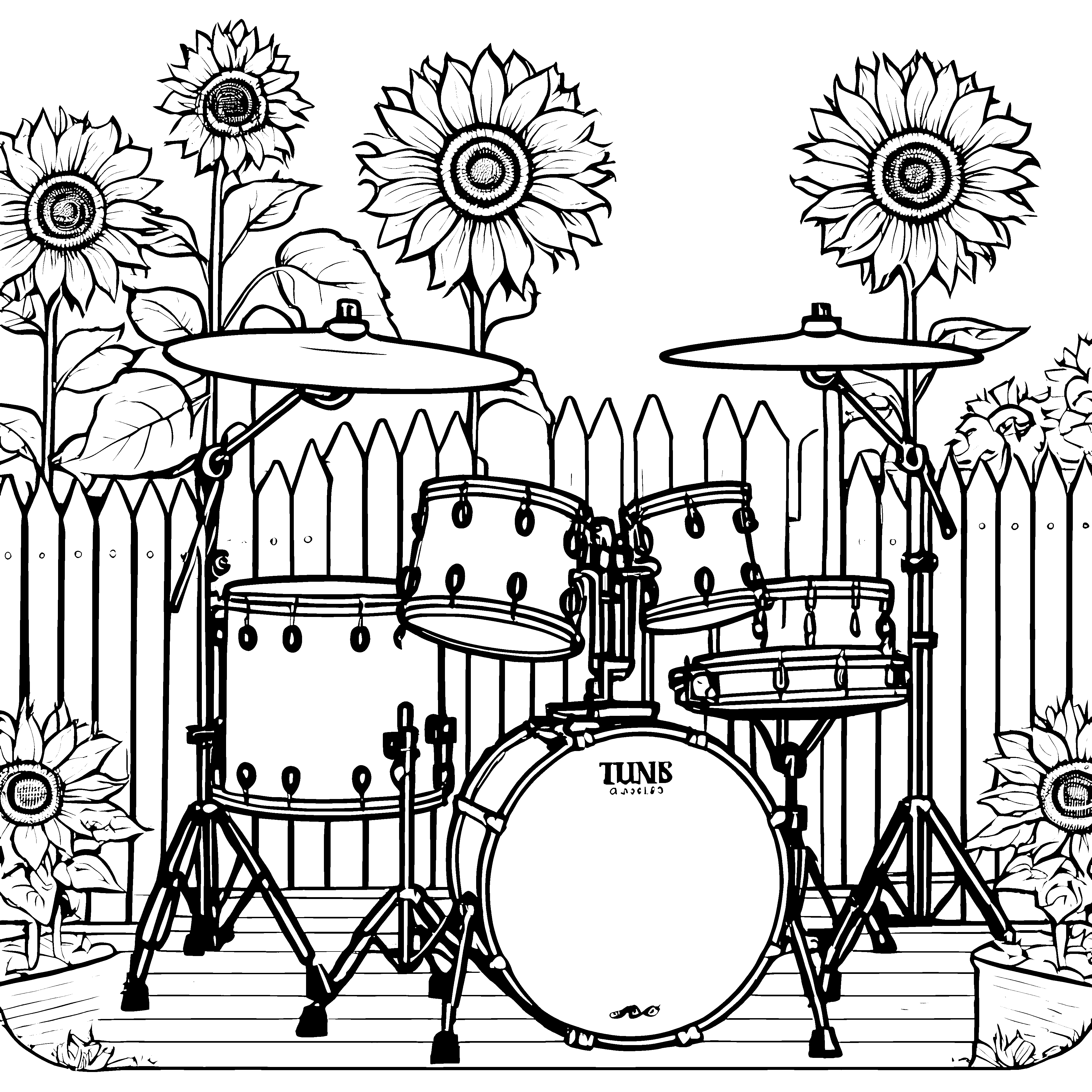 Sonniger Schlagzeuggarten mit Sonnenblumen Malbild für mutige Musikfreunde