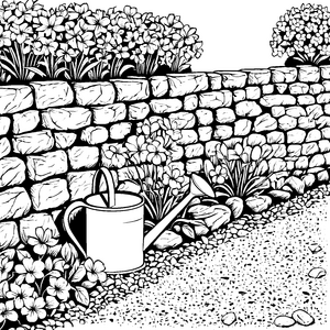 Idyllische Stiefmütterchen an der Steinmauer Bastelvorlage für junge Gartenfreunde