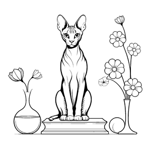 Edle Sphynx-Katze mit Blumenvasen: Ausmalvorlage für fröhliche Blumenfreunde