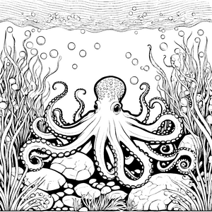 Majestätischer Oktopus mit Korallen Bastelmotiv für junge Meeresforscher