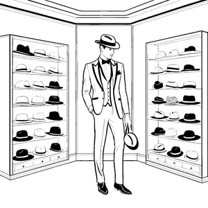 Eleganter Herr mit Hutkollektion Malvorlage für kleine Modedesigner