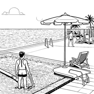 Mutiger Rettungsschwimmer im Pool Malbild für kreative Wasserwächter