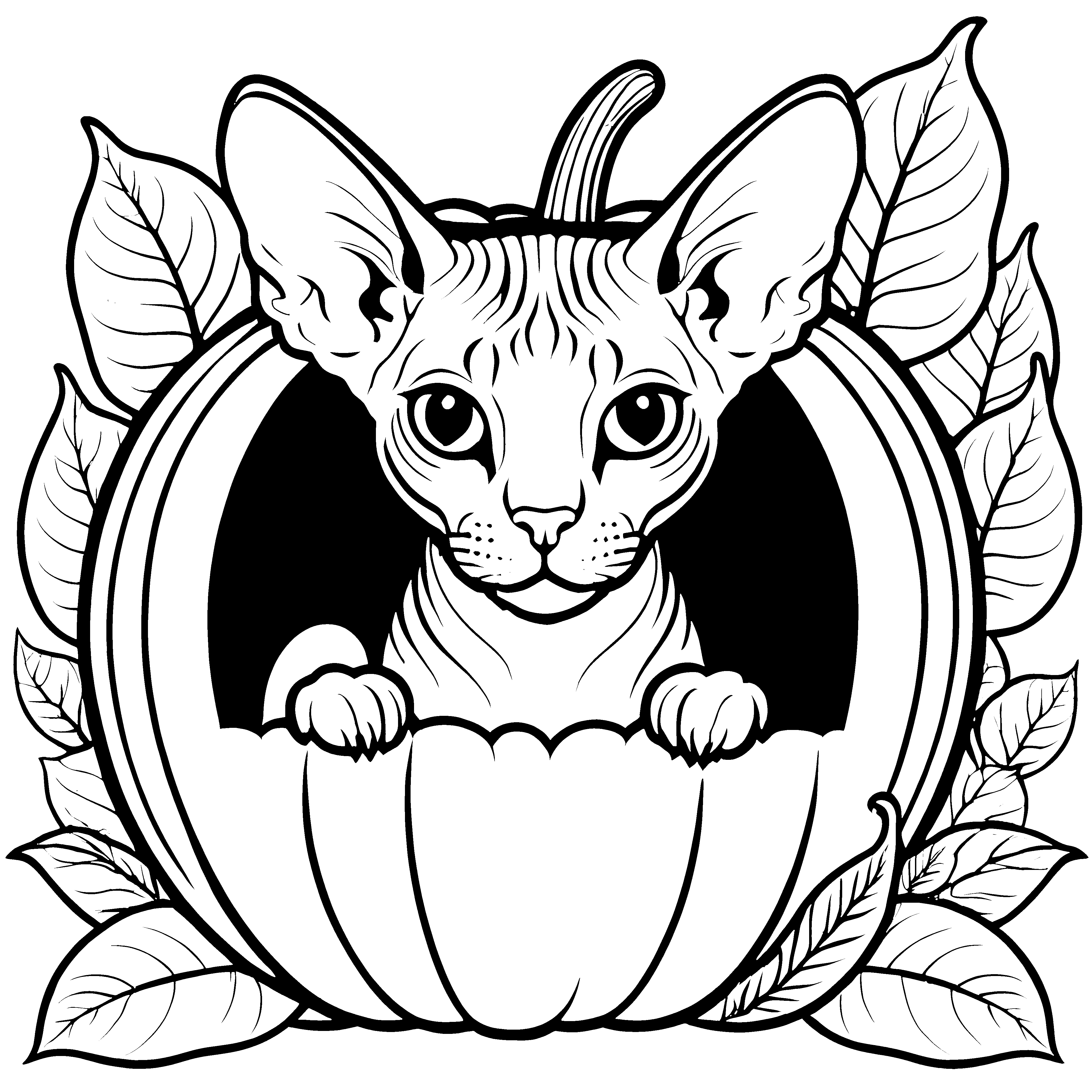 Mystische Sphynx-Katze im Kürbis Ausmalvorlage für Herbstfreunde