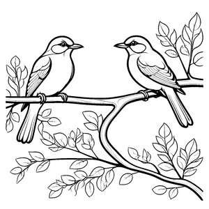 Liebe Vögel auf beblätterten Ästen: Ausmalbild für malfreudige Waldfreunde