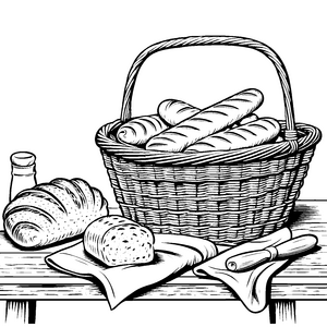 Rustikale Baguettes im Korb Malvorlage für Backwarenliebhaber