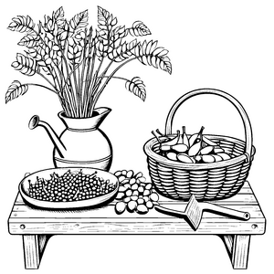 Rustikale Moringa-Schoten im Korb Ausmalvorlage für kleine Naturfreunde