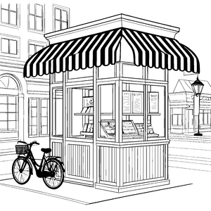 Städtischer Kiosk mit Fahrrad Bastelvorlage für kleine Stadtentdecker