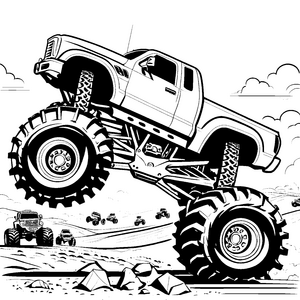 Gigantischer Monstertruck über Felsen Bastelvorlage für Rennbegeisterte
