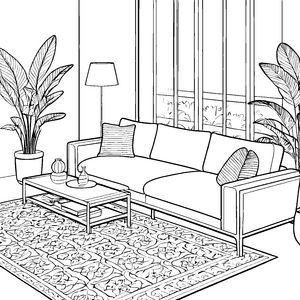 Gemütliches Dreisitzer-Sofa mit Couchtisch Malbild für Wohnzimmerfreunde