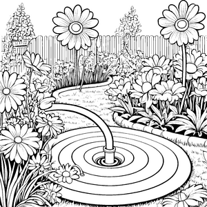 Lebendiges Blumenbeet mit Gartenschlauch Malbild für mutige Wasserfreunde