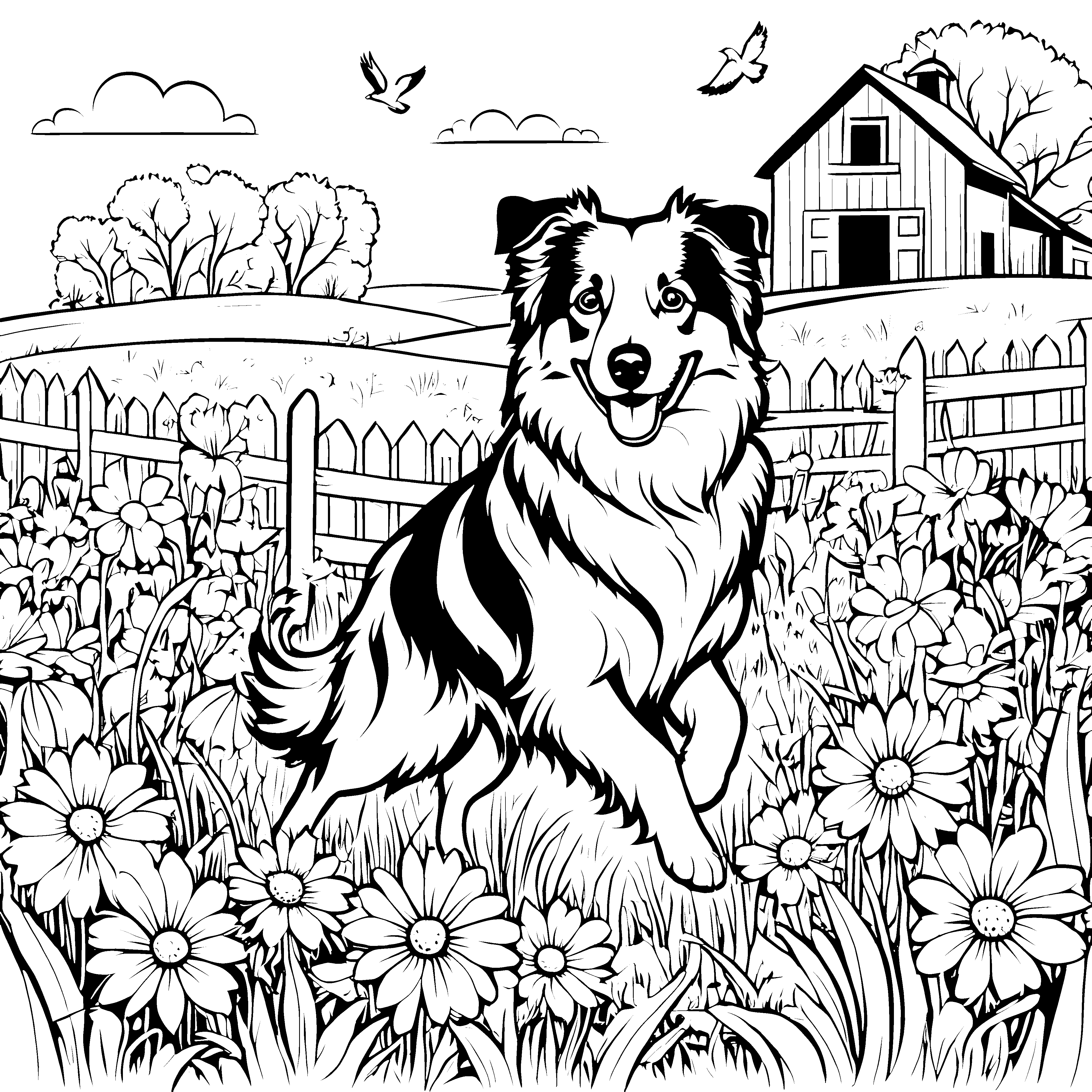 Verspielter Australian Shepherd im Blumenbeet Ausmalbild für verträumte Gartenfreunde