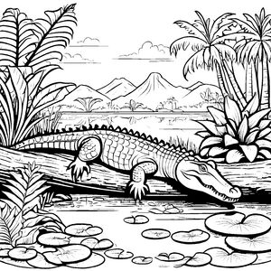 Das Krokodil am Teich mit Seerosen und Palmen - Ausmalbild fuer kleine Entdecker