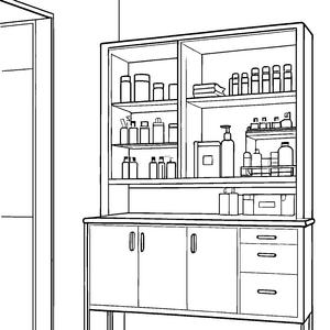 Ausgestatteter Medizinschrank mit Flaschen Bastelvorlage für malfreudige Apothekerfreunde