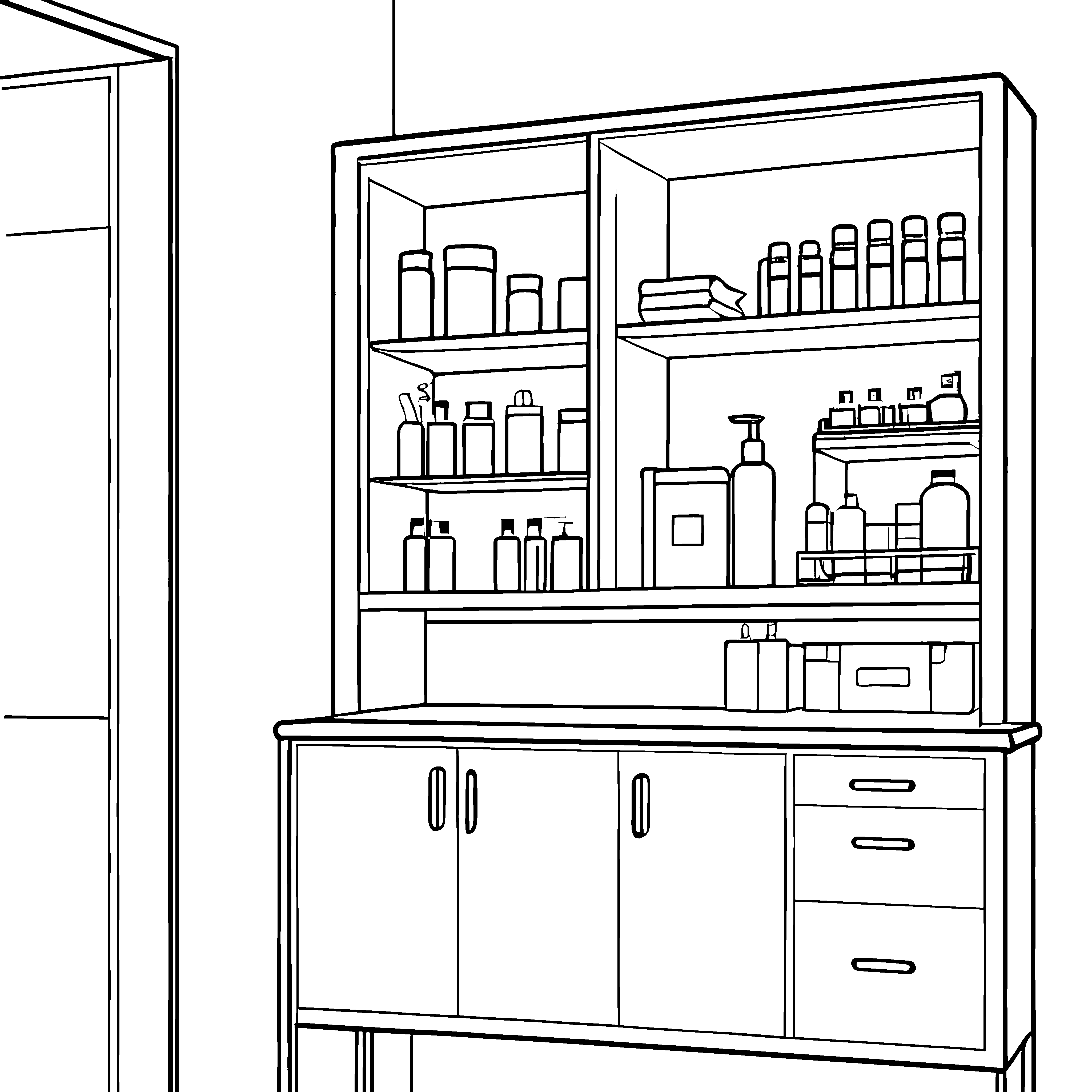 Ausgestatteter Medizinschrank mit Flaschen Bastelvorlage für malfreudige Apothekerfreunde