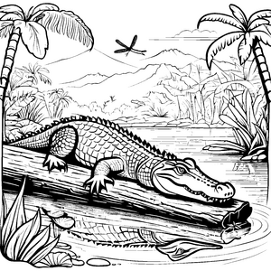 Das Krokodil auf dem Baumstamm im Dschungel - Ausmalbild fuer kleine Tierfreunde
