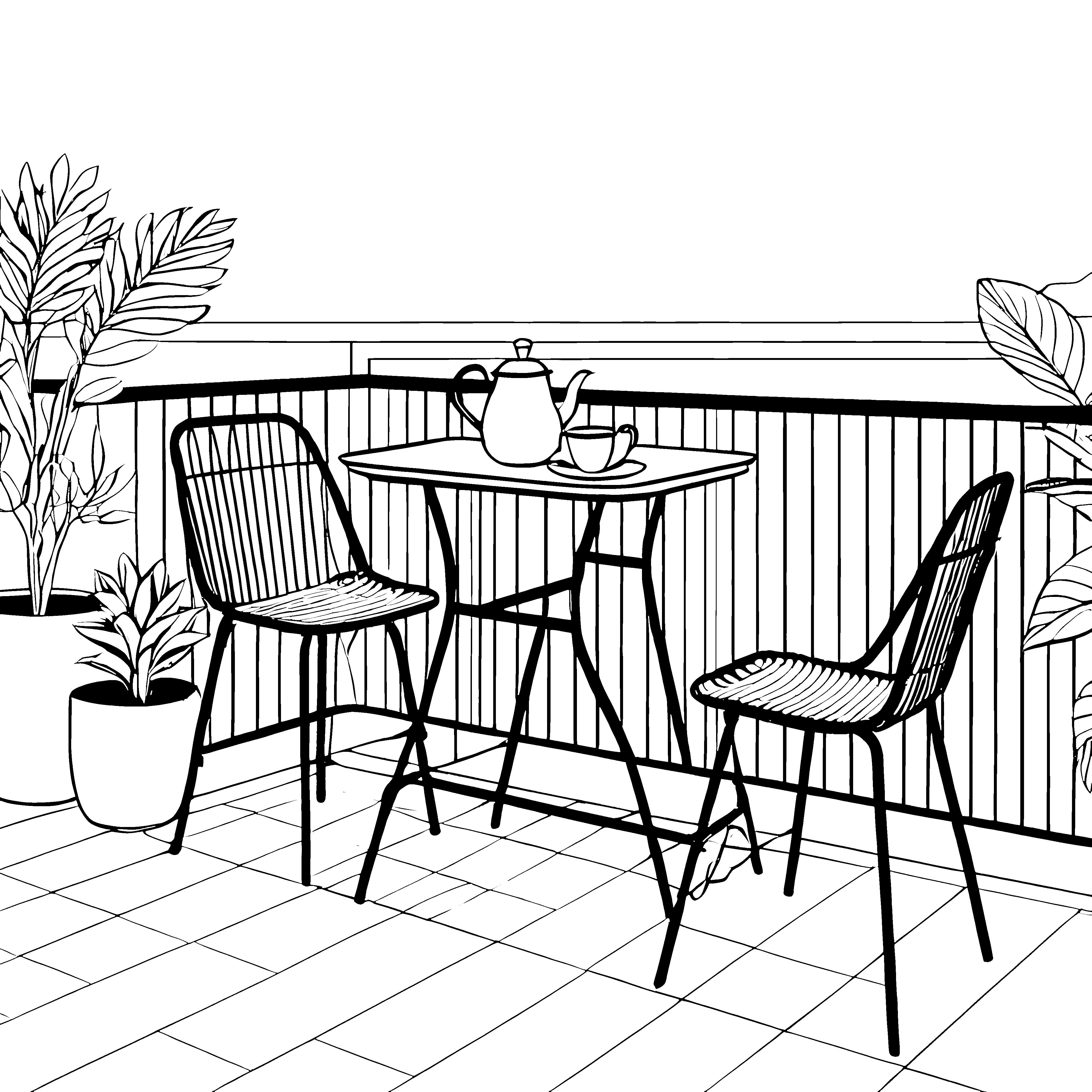 Gemütlicher Balkontisch mit Teekanne Malbild für Terrassenfreunde