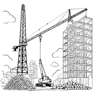 Ausmalbild: Der große Turmdrehkran auf der Baustelle fuer kleine Entdecker