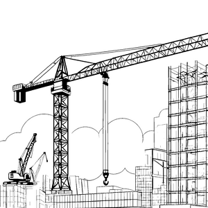 Große Baukräne auf der belebten Baustelle – Ausmalbild fuer kleine Entdecker
