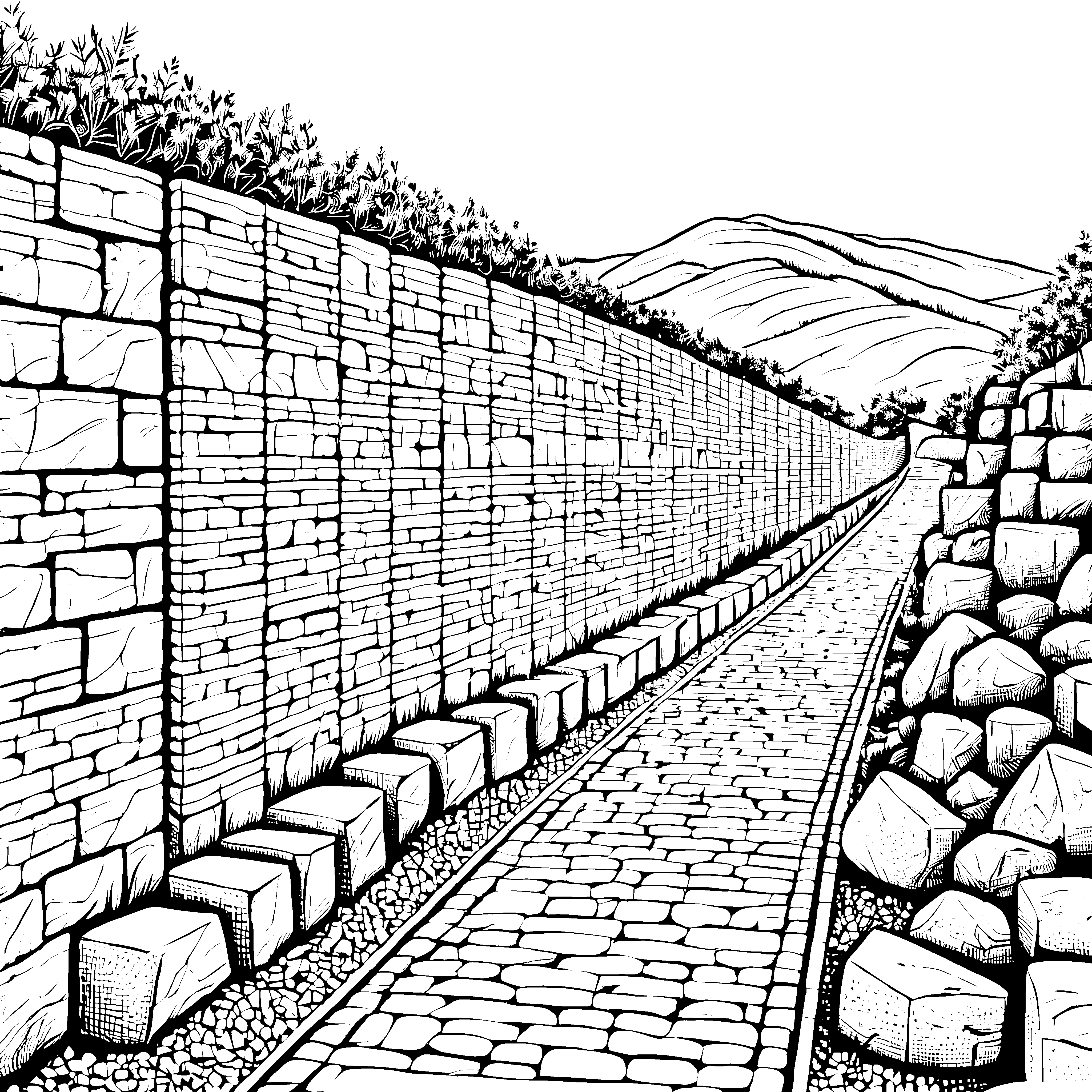 Imposante Steinmauer am gepflasterten Weg Bastelvorlage für kreative Wegbegleiter