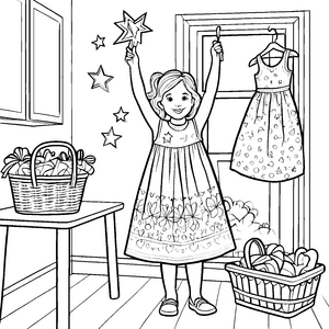 Das Mädchen im Kleid mit Sternen und Blumen – Ausmalbild fuer kleine Entdecker
