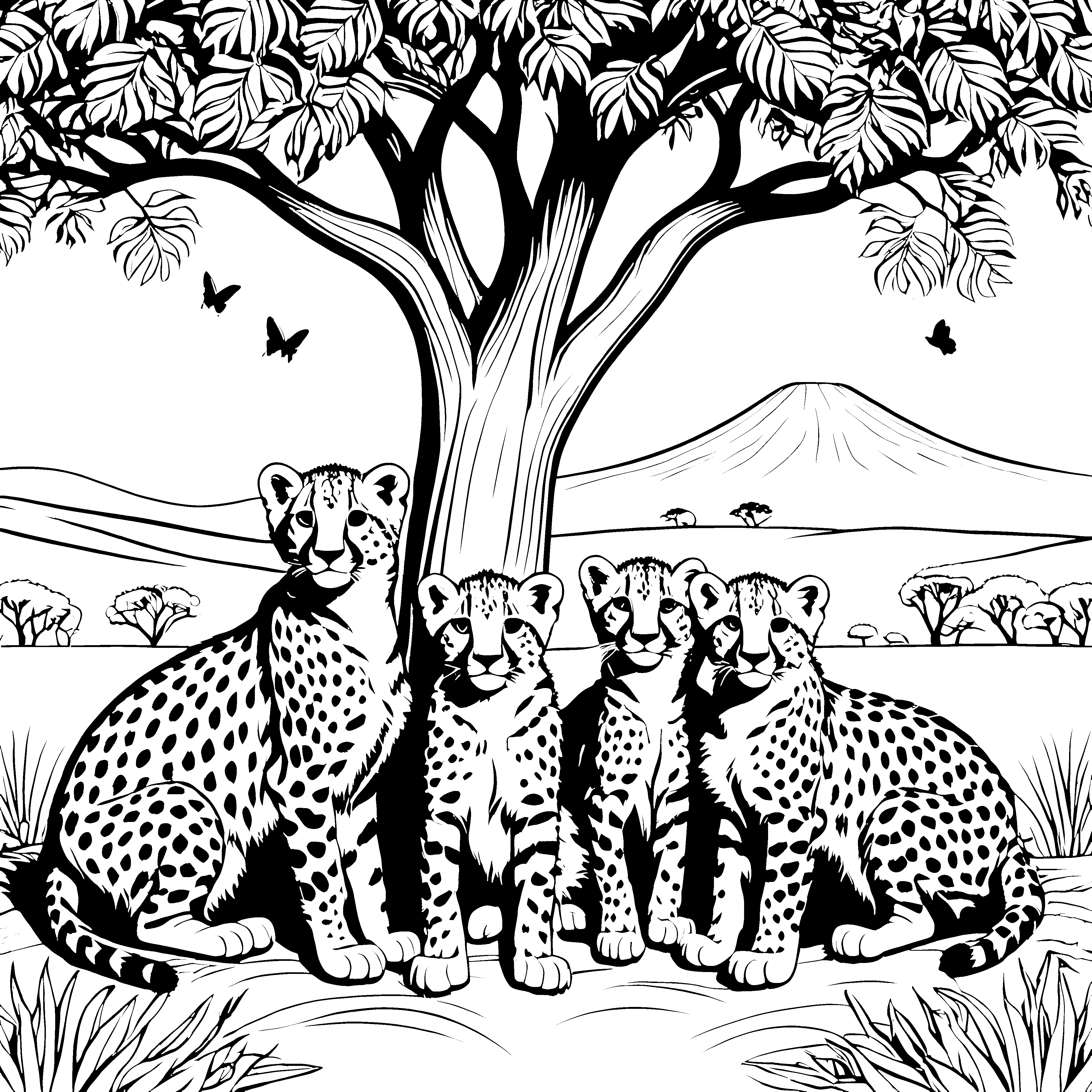 Verspielte Gepardenjunge unter einem Baum Bastelvorlage für Savannenfreunde