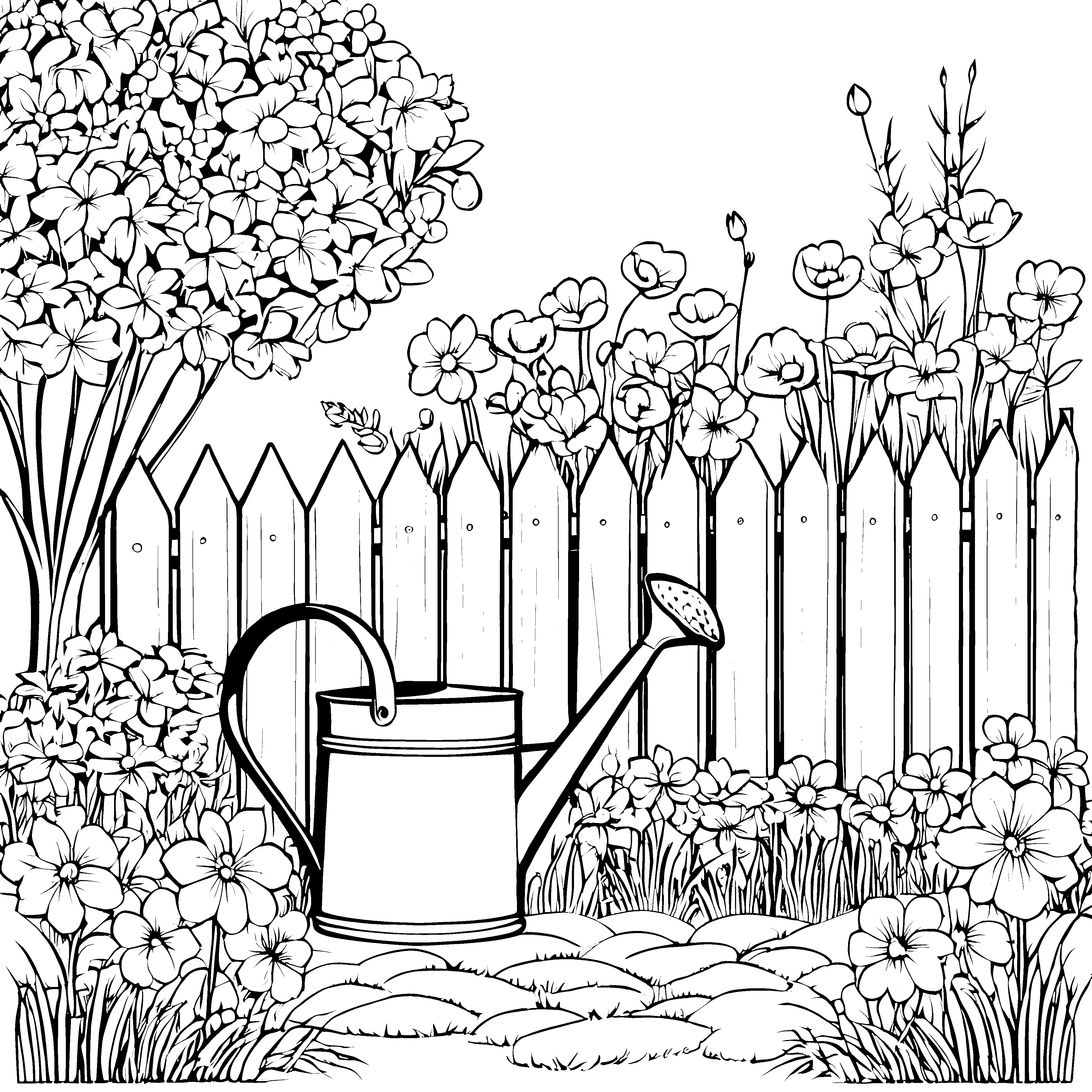 Idyllische Stiefmütterchen mit Gießkanne Ausmalbild für Gartenfreunde