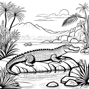 Das Krokodil auf dem Felsen am Seeufer – Ausmalbild fuer kleine Entdecker