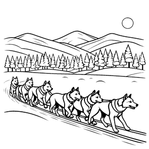 Mutige Schlittenhunde in den Bergen: Ausmalbild für fröhliche Winterfreunde