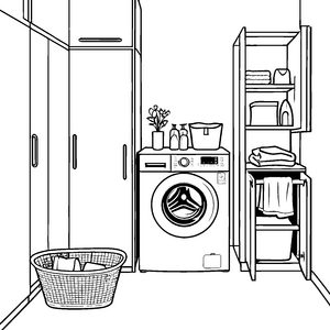 Behagliche Waschmaschine mit Wäschekorb Malbild für kleine Hauswirtschafter