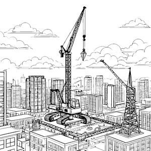 Große Baukräne auf der Baustelle in der Stadt Ausmalbild fuer kleine Entdecker