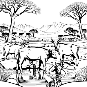 Heimische Gnu-Jungtiere am Wasser Malbild für Savannenfreunde