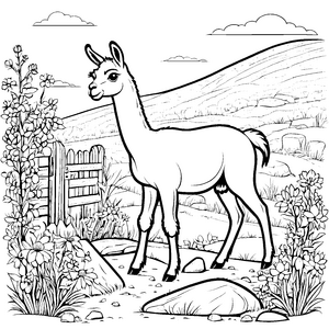 Sanftes Lama Jungtier am Holzzaun Ausmalbild für mutige Blumenfreunde