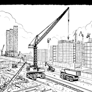 Große Baukräne und LKWs auf der Baustelle – Ausmalbild fuer kleine Entdecker