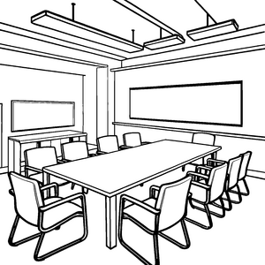 Moderner Konferenztisch mit Bürostühlen Ausmalbild für kleine Bürohelfer